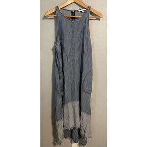Trina Turk Dress Womens Medium Blue Sleeveless Chambray Linen Maxi Frayed Hem
